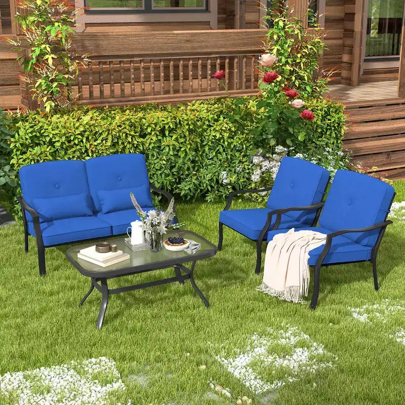 Set di mobili da giardino Costway 4 pezzi, divano da conversazione per esterni, tavolino da caffè in vetro temperato blu navy/grigio