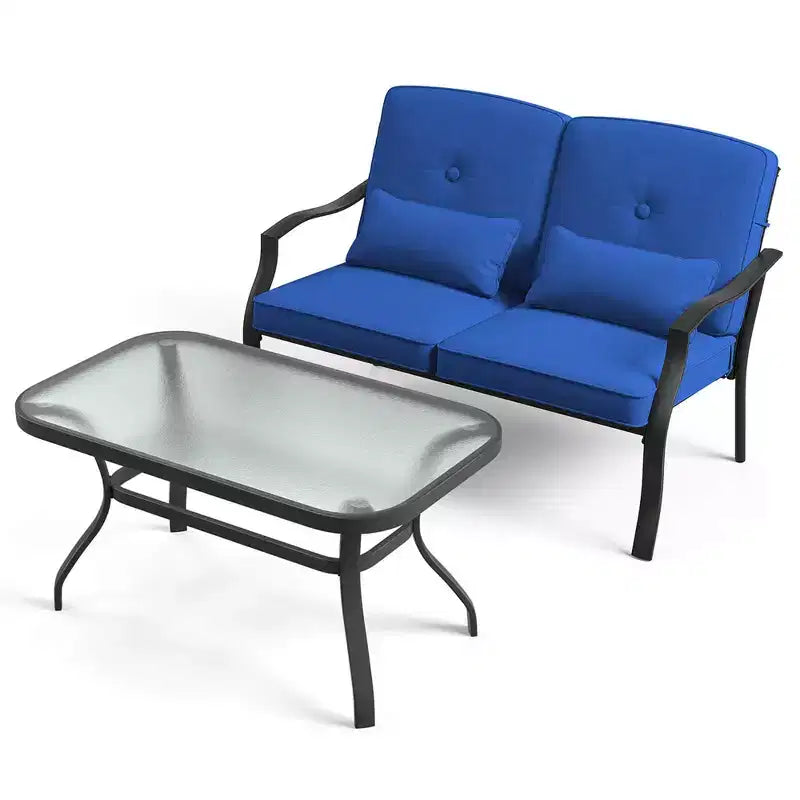 Costway Set Mobili da Giardino 2 Pezzi Divanetto Esterno Tavolino Cuscini Seduta Blu Scuro/Grigio