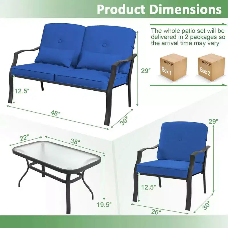Costway Set Mobili da Giardino 2 Pezzi Divanetto Esterno Tavolino Cuscini Seduta Blu Scuro/Grigio
