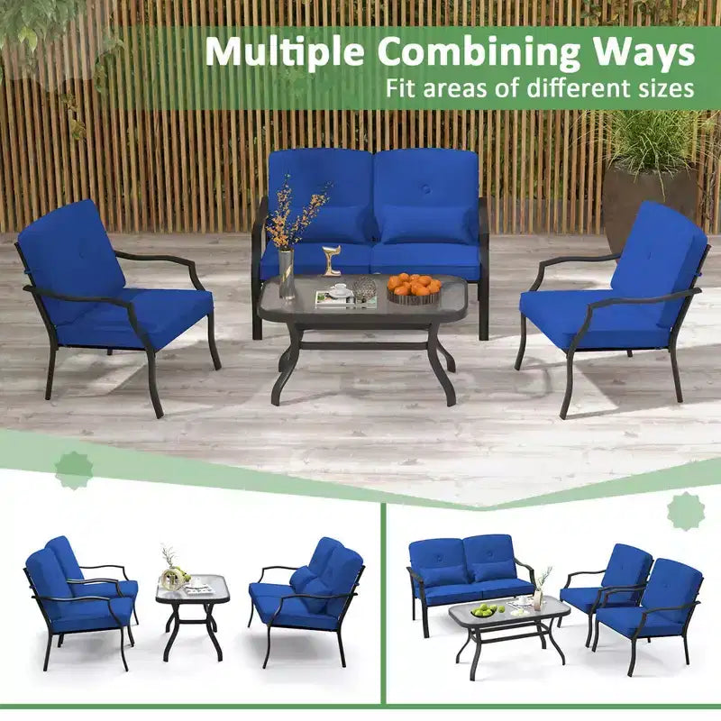 Costway Set Mobili da Giardino 2 Pezzi Divanetto Esterno Tavolino Cuscini Seduta Blu Scuro/Grigio