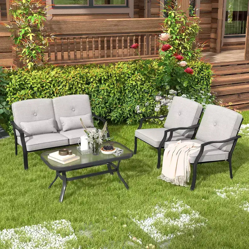 Costway Set Mobili da Giardino 2 Pezzi Divanetto Esterno Tavolino Cuscini Seduta Blu Scuro/Grigio