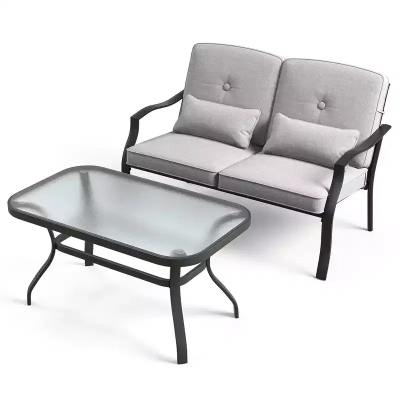 Costway Set Mobili da Giardino 2 Pezzi Divanetto Esterno Tavolino Cuscini Seduta Blu Scuro/Grigio