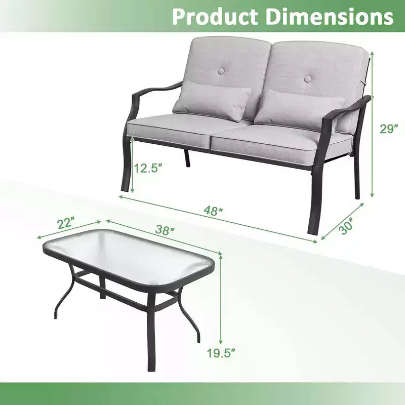 Costway Set Mobili da Giardino 2 Pezzi Divanetto Esterno Tavolino Cuscini Seduta Blu Scuro/Grigio