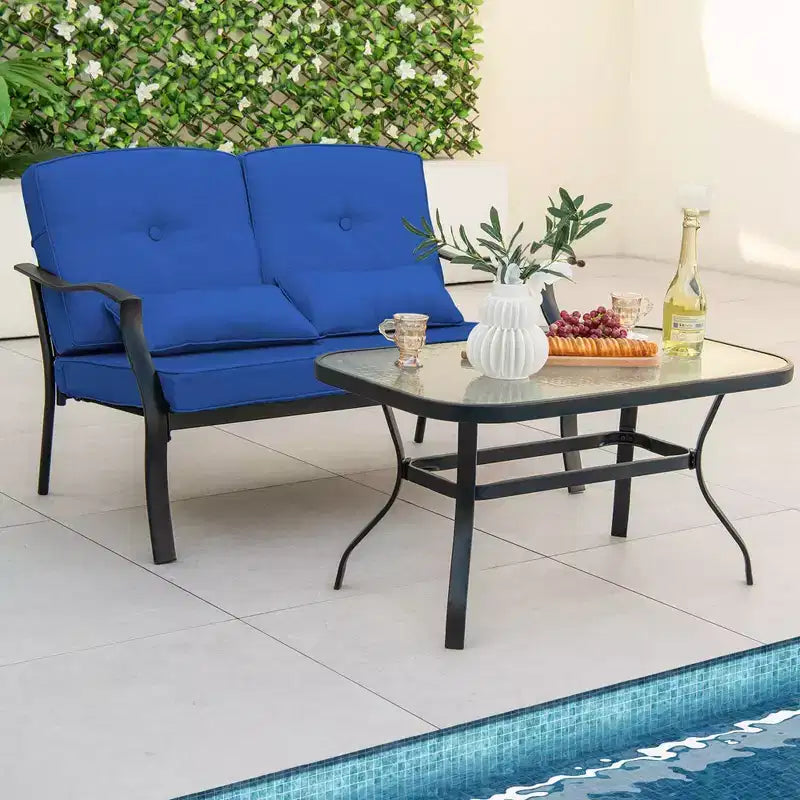 Costway Set Mobili da Giardino 2 Pezzi Divanetto Esterno Tavolino Cuscini Seduta Blu Scuro/Grigio