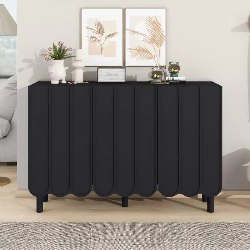 Cream Style Minimalist Shoe Cabinet with 5 Solid Wood Legs, Sideboard Buffet Cabinet with Adjustable Shelves and Wave Doors 4B - ModernLuxe