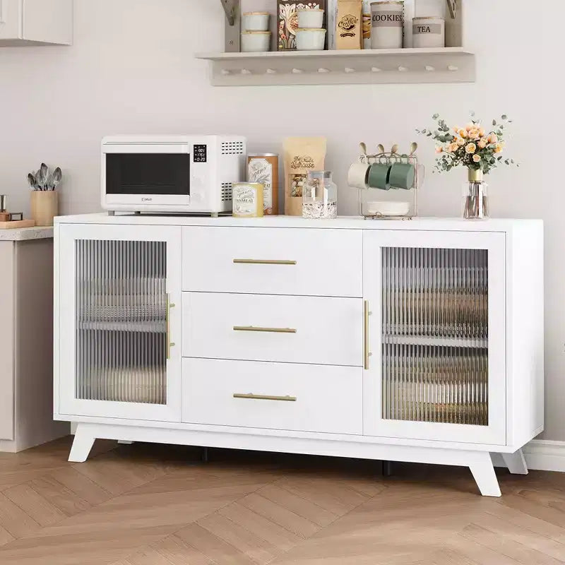 Mobile buffet Coffer con 2 ante in vetro scanalato, credenza moderna da 56 pollici con 3 cassetti