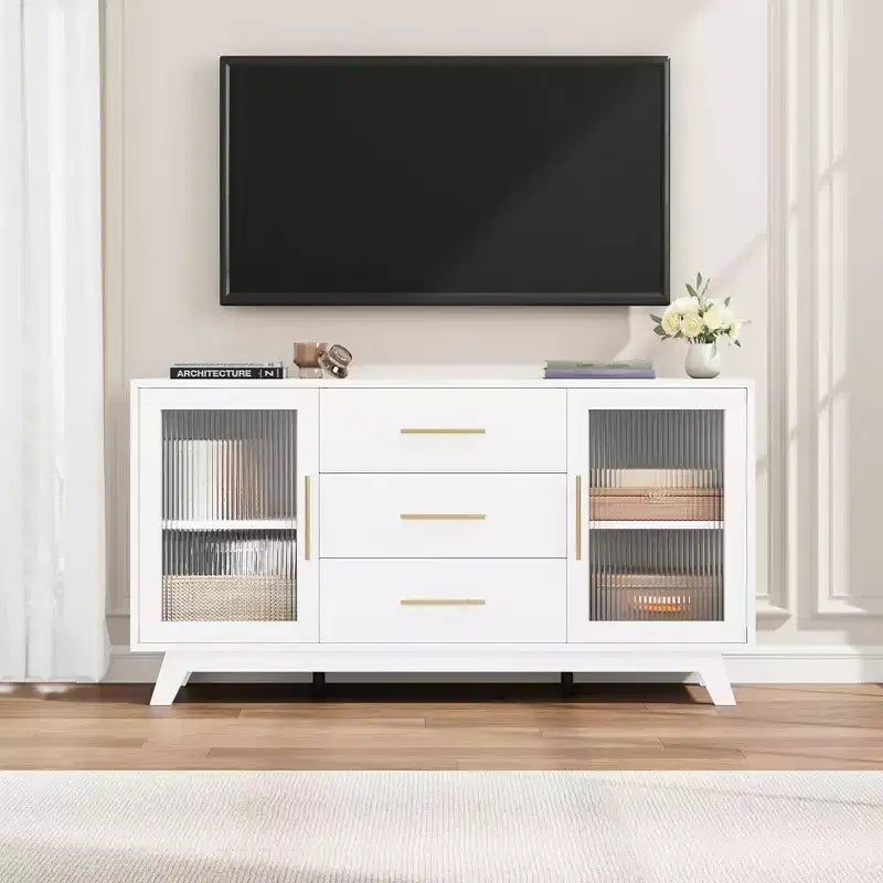 Mobile buffet Coffer con 2 ante in vetro scanalato, credenza moderna da 56 pollici con 3 cassetti