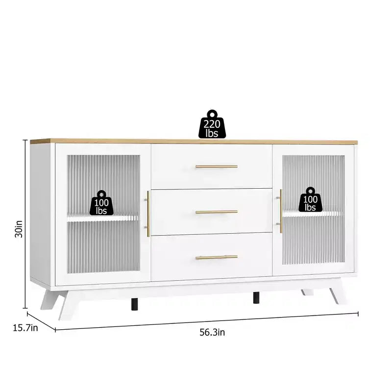 Mobile buffet Coffer con 2 ante in vetro scanalato, credenza moderna da 56 pollici con 3 cassetti