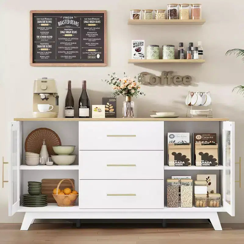 Mobile buffet Coffer con 2 ante in vetro scanalato, credenza moderna da 56 pollici con 3 cassetti
