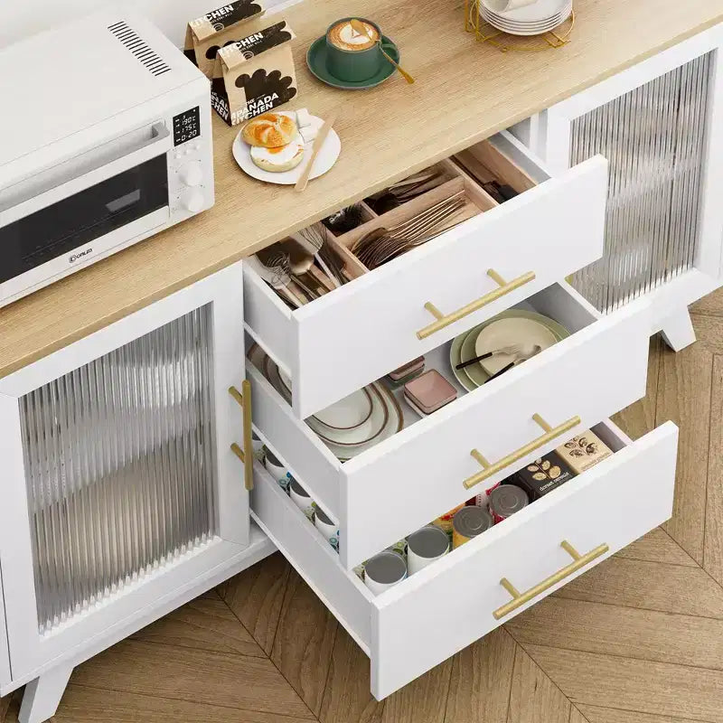 Mobile buffet Coffer con 2 ante in vetro scanalato, credenza moderna da 56 pollici con 3 cassetti