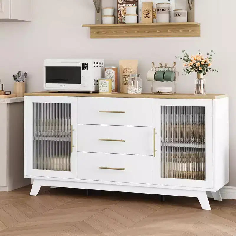 Mobile buffet Coffer con 2 ante in vetro scanalato, credenza moderna da 56 pollici con 3 cassetti