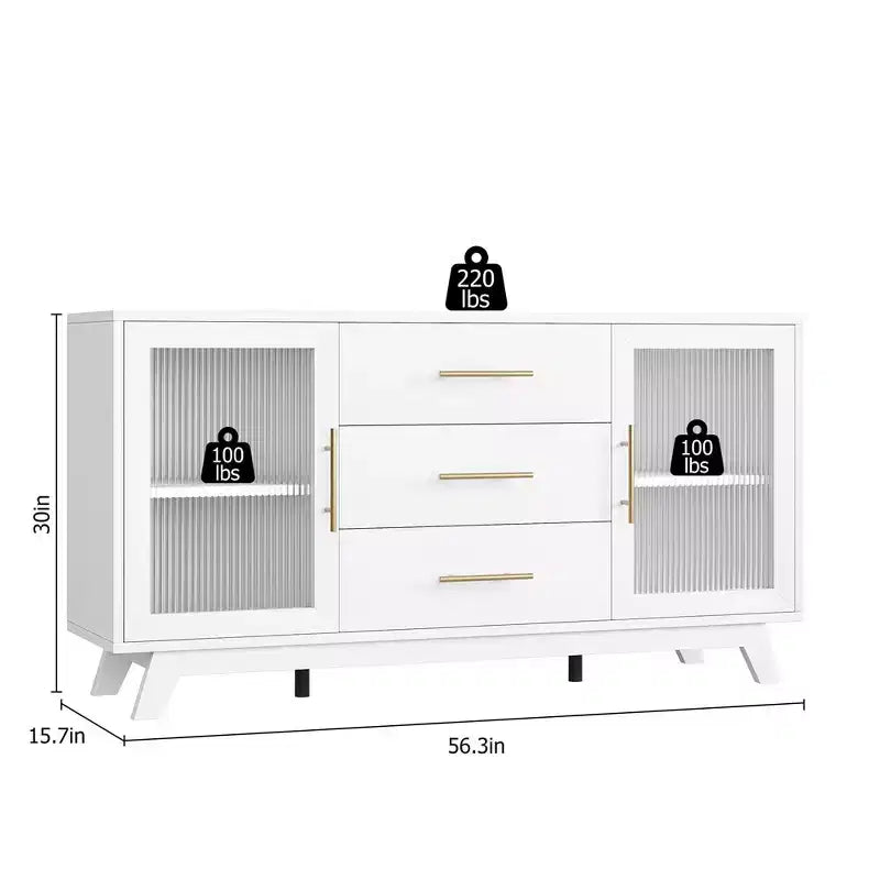 Mobile buffet Coffer con 2 ante in vetro scanalato, credenza moderna da 56 pollici con 3 cassetti
