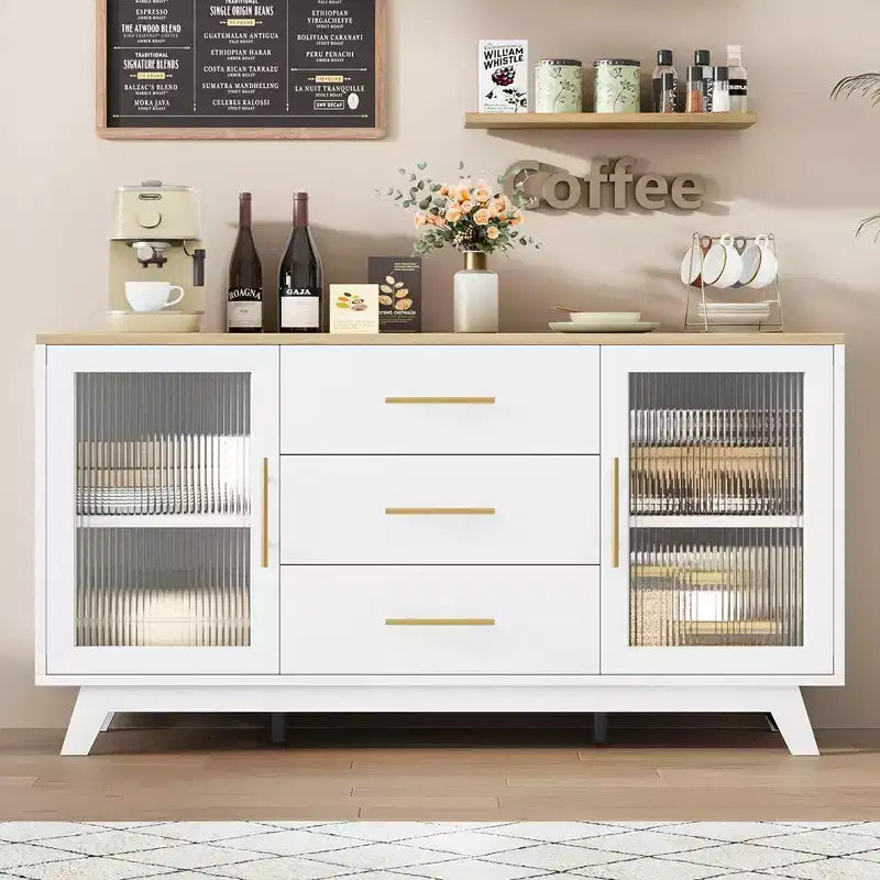 Coffer Bar Cabinet with 2 Fluted Glass Doors, 56 Modern Buffet Storage Cabinet with 3 Drawers
