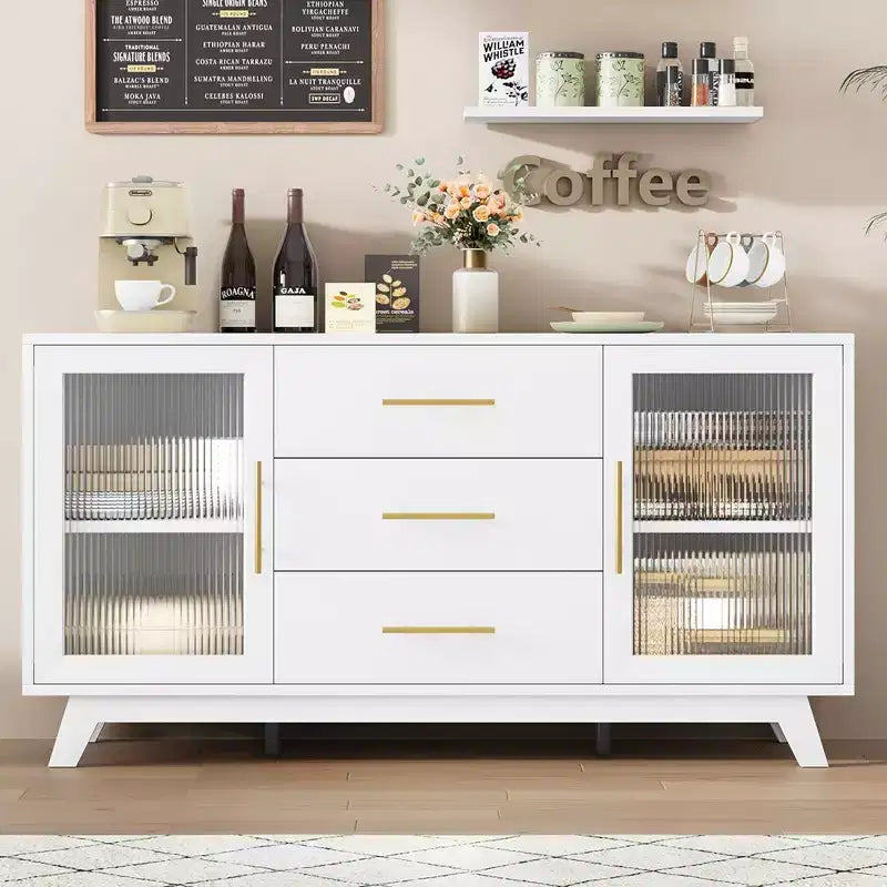 Mobile buffet Coffer con 2 ante in vetro scanalato, credenza moderna da 56 pollici con 3 cassetti