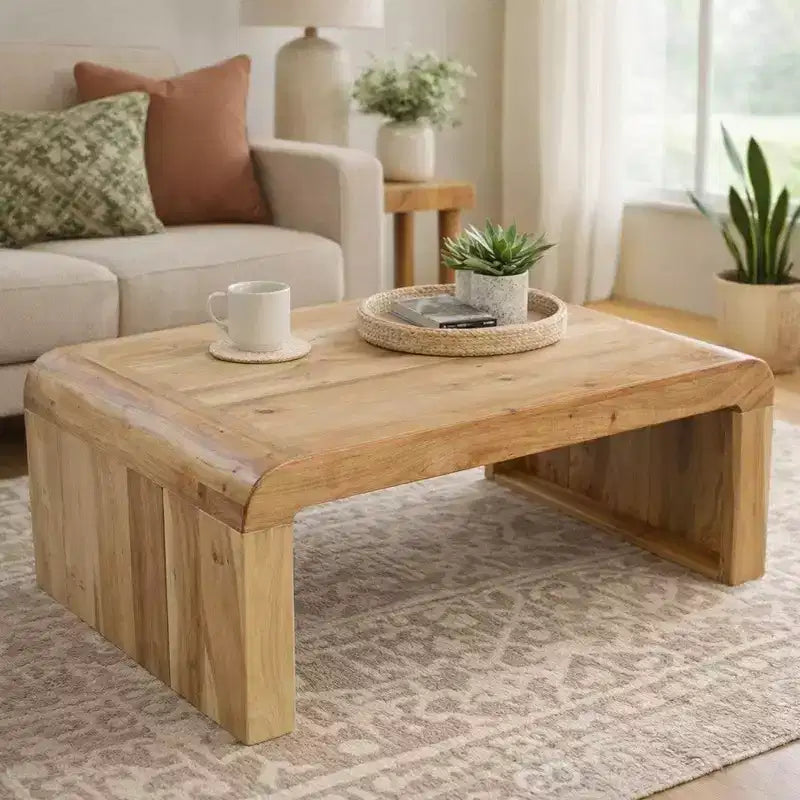 Table basse Royal Hampton, fabriquée à la main en bois d'acacia naturel, plateau rectangulaire incurvé en cascade, 91 cm