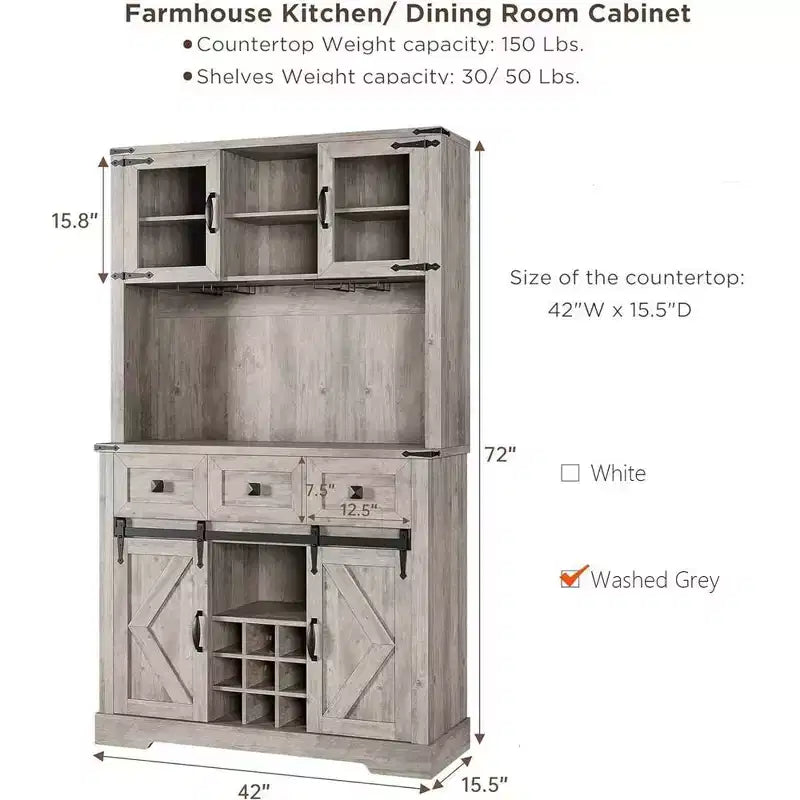 Credenza da bar 72 Farmhouse con anta scorrevole a fienile, buffet alto da cucina con credenza e 3 cassetti