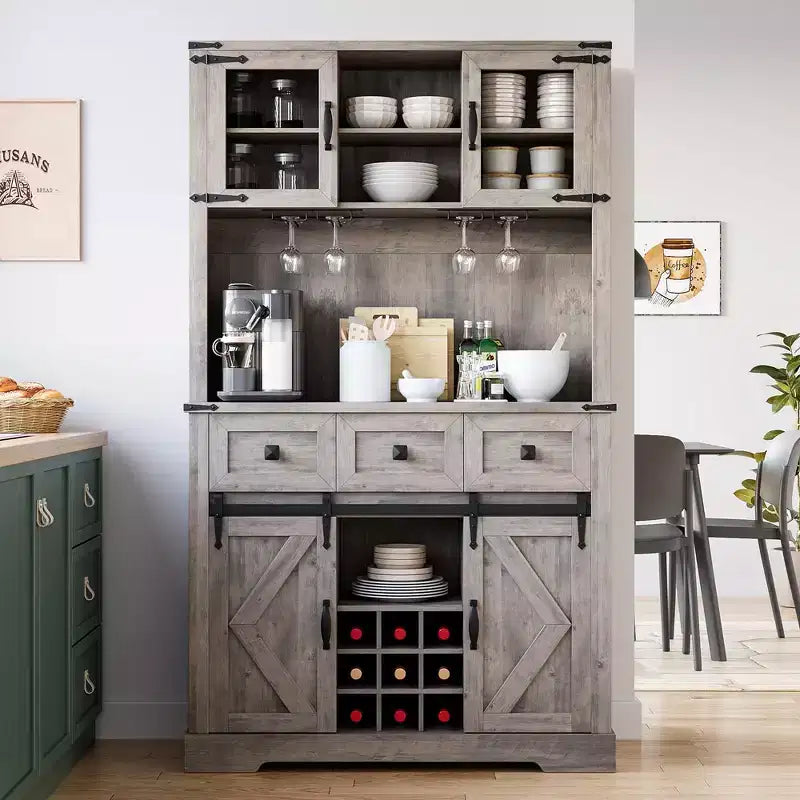 Credenza da bar 72 Farmhouse con anta scorrevole a fienile, buffet alto da cucina con credenza e 3 cassetti