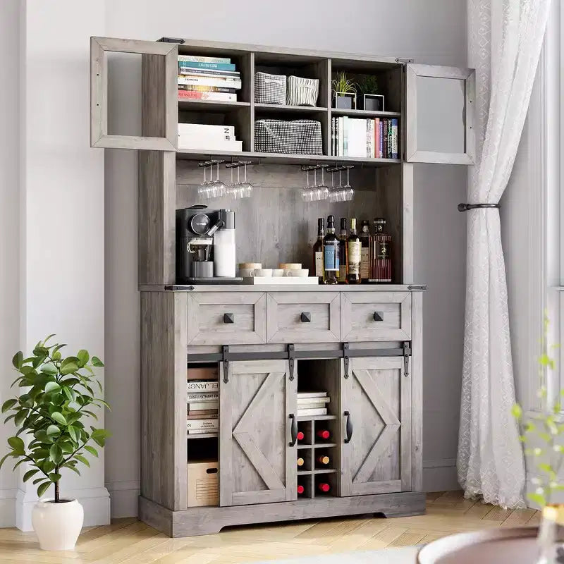 Credenza da bar 72 Farmhouse con anta scorrevole a fienile, buffet alto da cucina con credenza e 3 cassetti