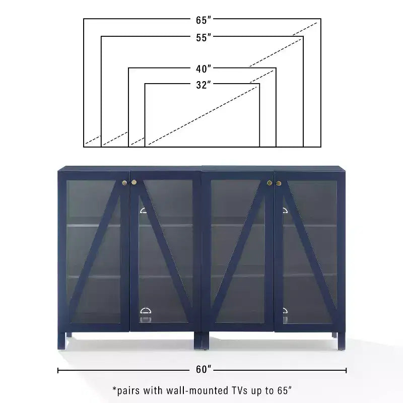 Crosley 60 Cassai Mobile credenza TV 2 pezzi: ante in vetro, ripiani regolabili, gestione cavi