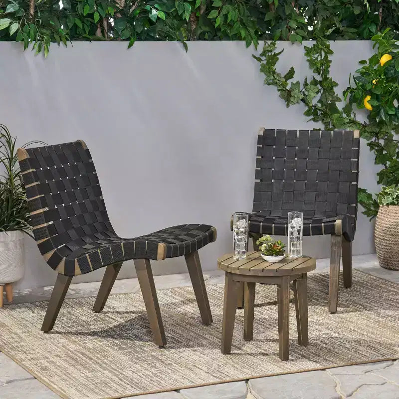 GDFStudio Ocilla Set Salotto da Esterno 3 Pezzi in Legno di Acacia e Intreccio di Corda, Nero/Grigio