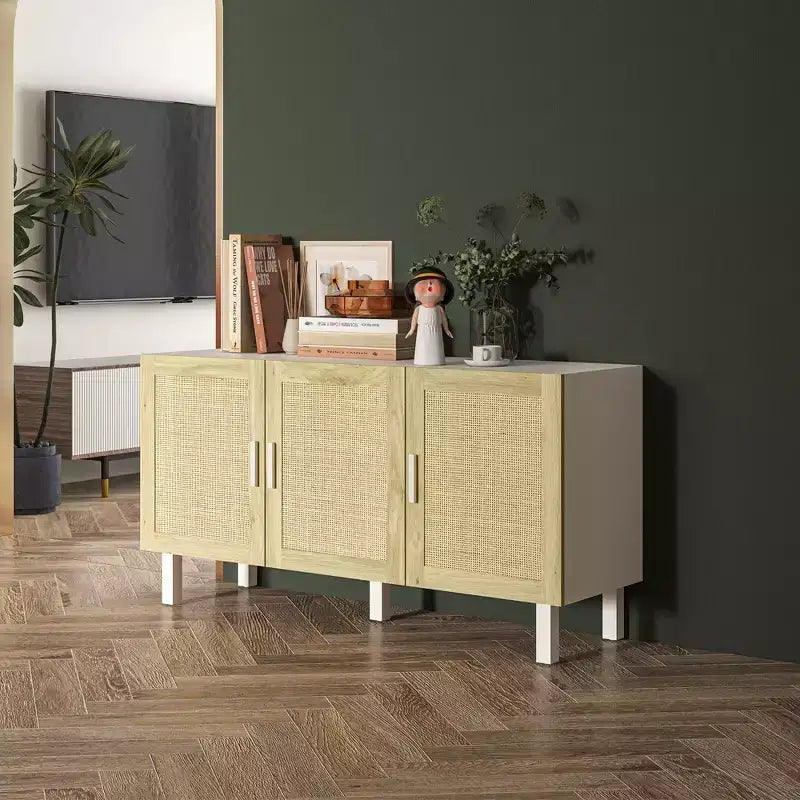 HOMCOM Meuble buffet, meuble de cuisine et meuble bar à café avec 3 portes en rotin et étagères réglables