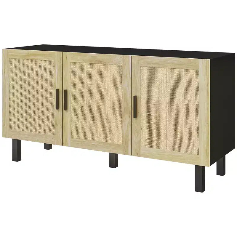 HOMCOM Meuble buffet, meuble de cuisine et meuble bar à café avec 3 portes en rotin et étagères réglables
