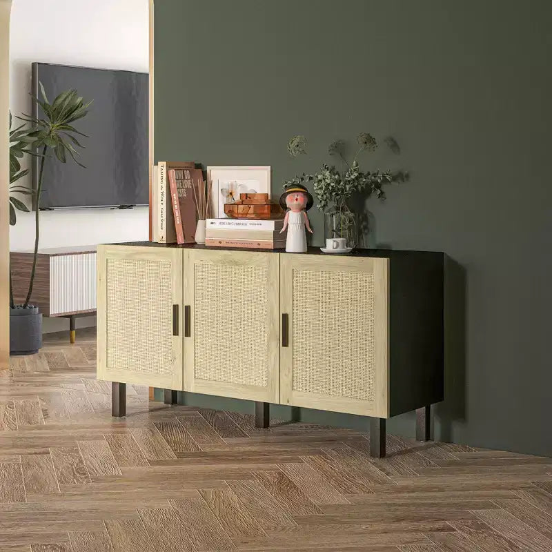 HOMCOM Meuble buffet, meuble de cuisine et meuble bar à café avec 3 portes en rotin et étagères réglables