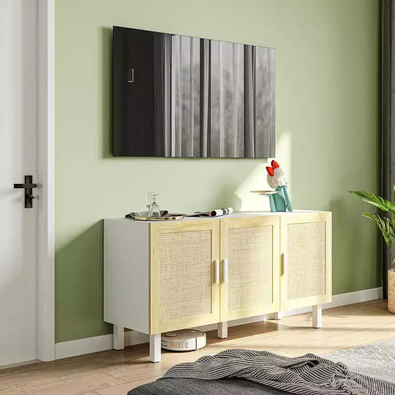 HOMCOM Meuble buffet, meuble de cuisine et meuble bar à café avec 3 portes en rotin et étagères réglables