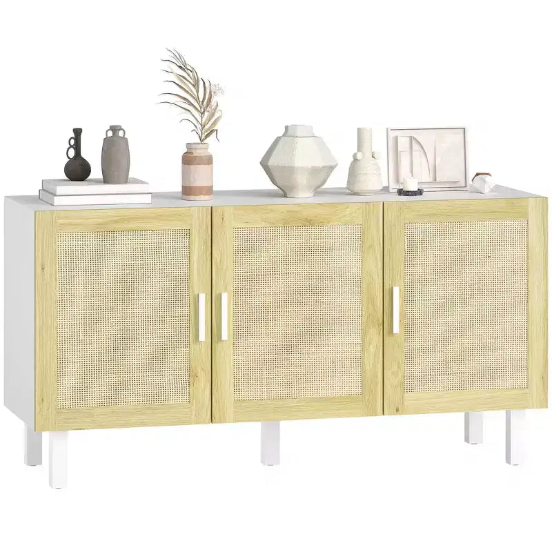 HOMCOM Credenza Buffet, Mobile da Cucina e Mobile Bar con 3 Ante in Rattan e Ripiani Regolabili