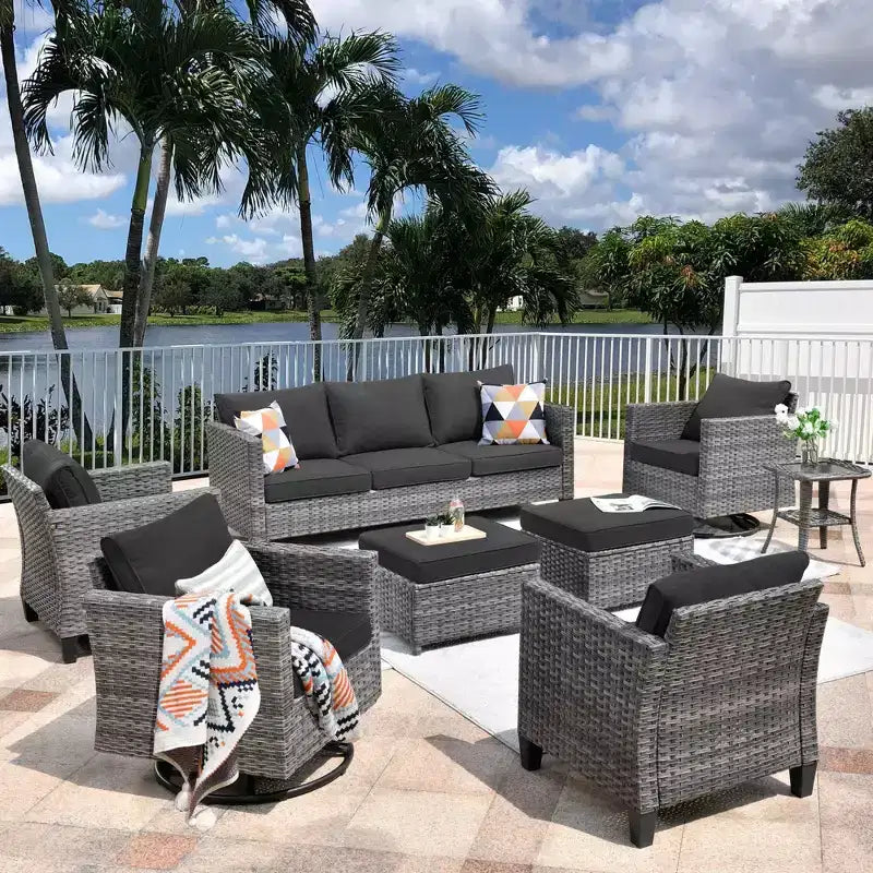 Ovios Tampa Ensemble de meubles de patio extérieur 8 pièces en osier avec canapé, fauteuils pivotants et coussins