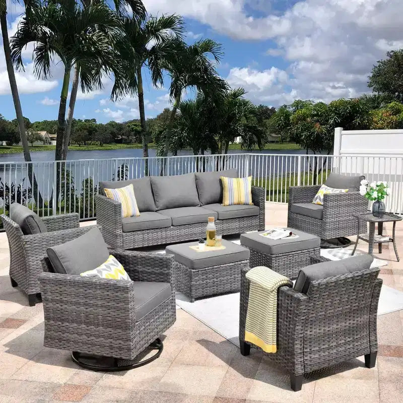 Ovios Tampa Ensemble de meubles de patio extérieur 8 pièces en osier avec canapé, fauteuils pivotants et coussins