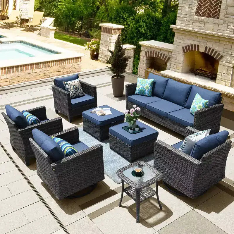 Ovios Tampa Ensemble de meubles de patio extérieur 8 pièces en osier avec canapé, fauteuils pivotants et coussins