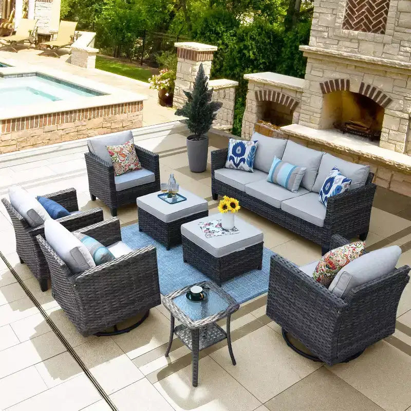 Ovios Tampa Ensemble de meubles de patio extérieur 8 pièces en osier avec canapé, fauteuils pivotants et coussins