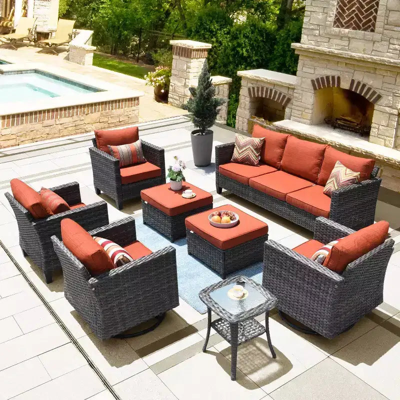 Ovios Tampa Ensemble de meubles de patio extérieur 8 pièces en osier avec canapé, fauteuils pivotants et coussins