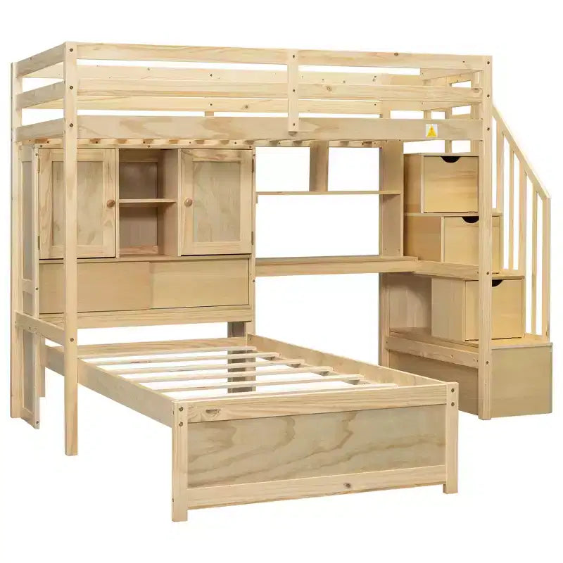Lit superposé double en bois avec bureau et escalier, lit mezzanine double en L avec rangements et étagères