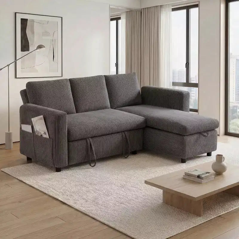 Dyonery Divano Letto Angolare 81, Divano Estraibile a L con Chaise Longue Reversibile con Contenitore, USB, Schienale Reclinabile