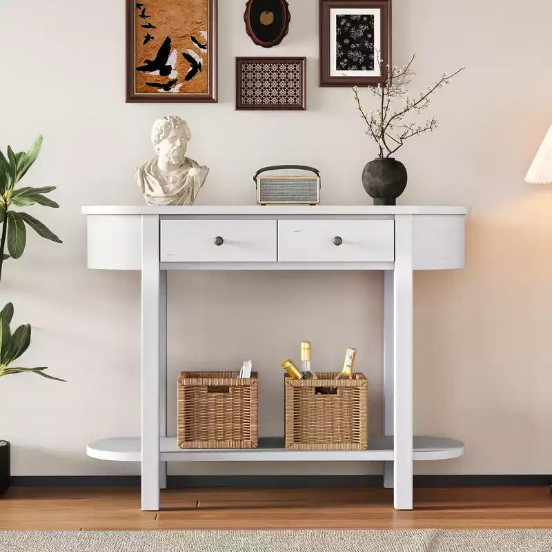 Tavolo Consolle Elegante Okak con Finitura Liscia, Tavolo d'Ingresso dal Design Curvo e 2 Cassetti, Tavolo d'Appoggio per Soggiorno, Corridoio