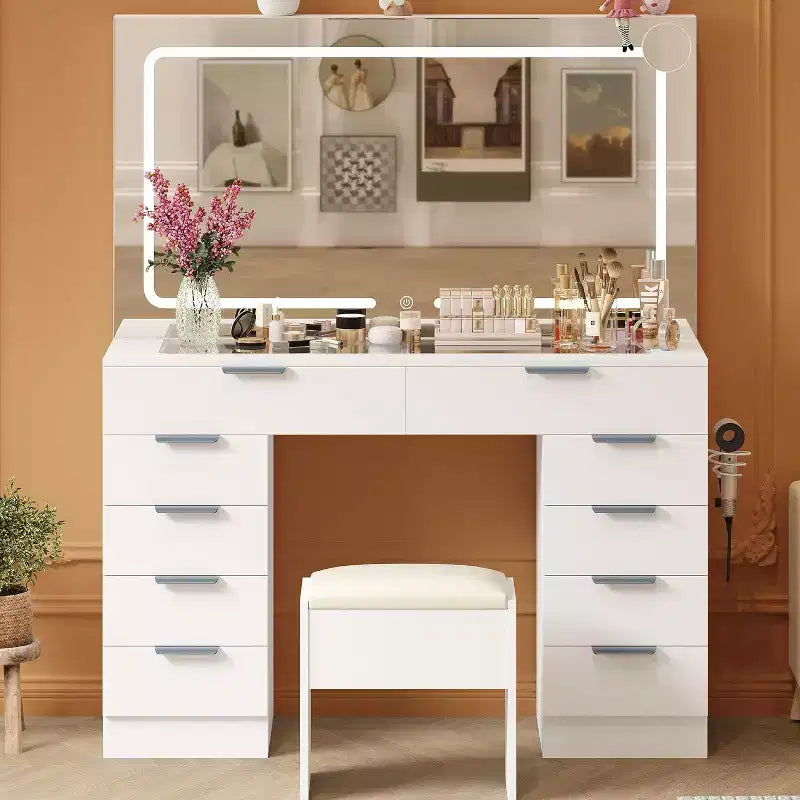 Coiffeuse avec grand miroir et lumières, ensemble coiffeuse de maquillage avec plateau en verre, prise électrique, tabouret, table de chevet pour chambre à coucher