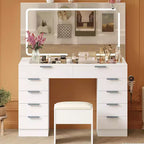 Coiffeuse avec grand miroir et lumières, ensemble coiffeuse de maquillage avec plateau en verre, prise électrique, tabouret, table de chevet pour chambre à coucher