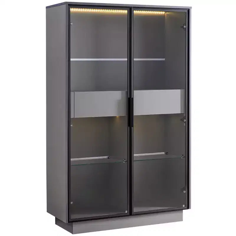 Vitrine éclairée LED Meuble de rangement avec porte en verre trempé, 2 tiroirs, étagères réglables, Moderne Minimaliste, Gris-ModernLuxe