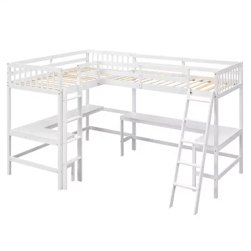 Letto a soppalco a L matrimoniale in legno da 119''L 79.5''W con scaletta e 2 scrivanie a L integrate