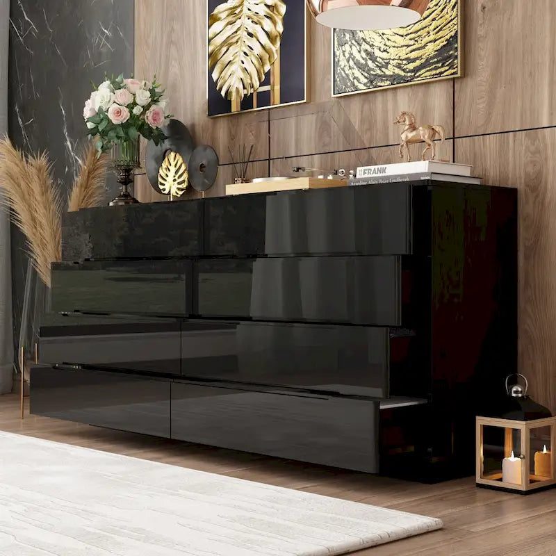 Comò lucido 63" con luce, con 8 cassetti e ampio piano d'appoggio