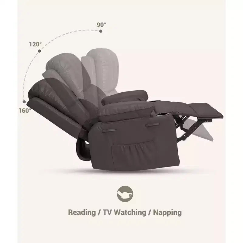 27 Poltrona reclinabile manuale in pelle oversize con portabicchieri e tasche laterali, 180 kg