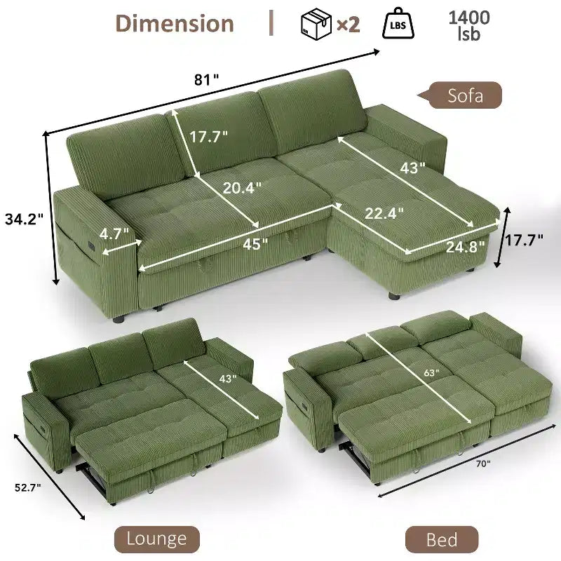 Divano Letto, Divano Estraibile a L da 81 pollici con Chaise Longue Reversibile e Contenitore/Porta USB/Tasca Laterale/Montaggio Senza Attrezzi, Velluto a Coste Beige