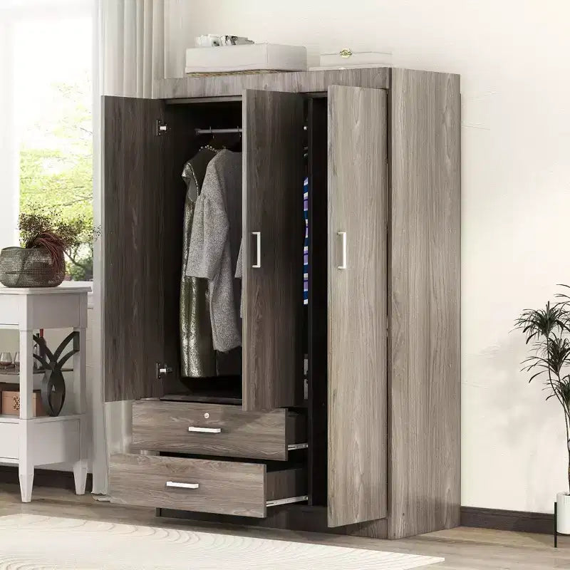 Armoire Whisen Wood à 3 portes avec tringle à vêtements, 2 tiroirs et étagères de rangement
