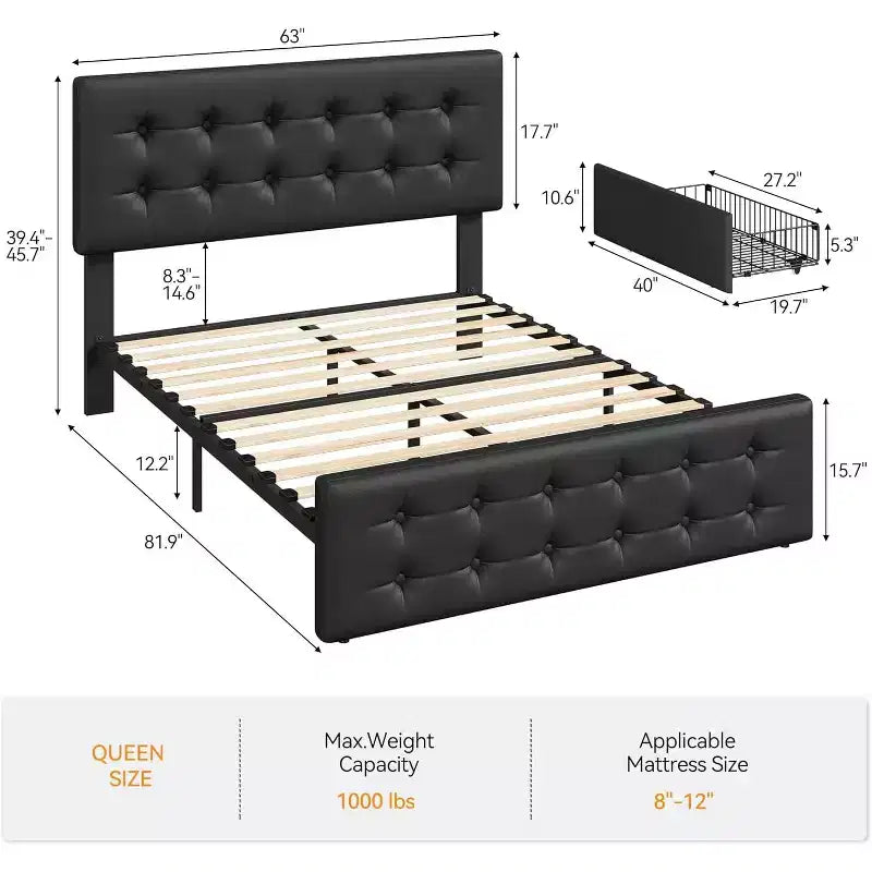 Lit coffre avec 4 tiroirs et tête de lit réglable - Lit plateforme rembourré