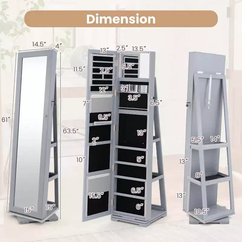 Costway Armoire à bijoux rotative à 360° 2-en-1 Organiseur miroir verrouillable Blanc/Noir/Marron foncé/Gris/Bleu/Rose/Violet/Gris foncé