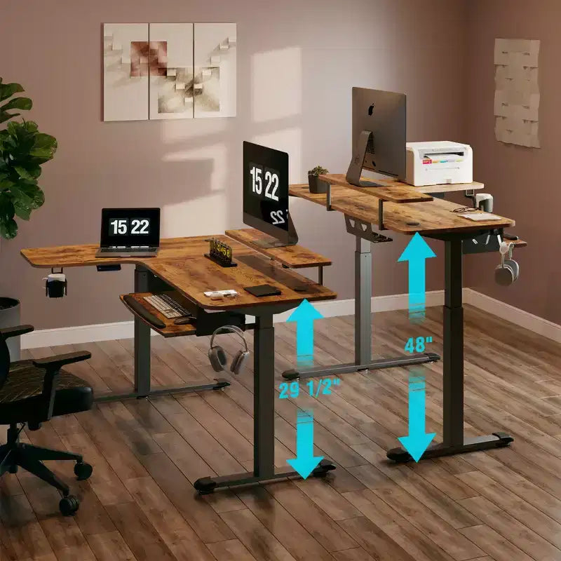 Bureau assis-debout en forme de L EUREKA ERGONOMIC 60x23 avec accessoires