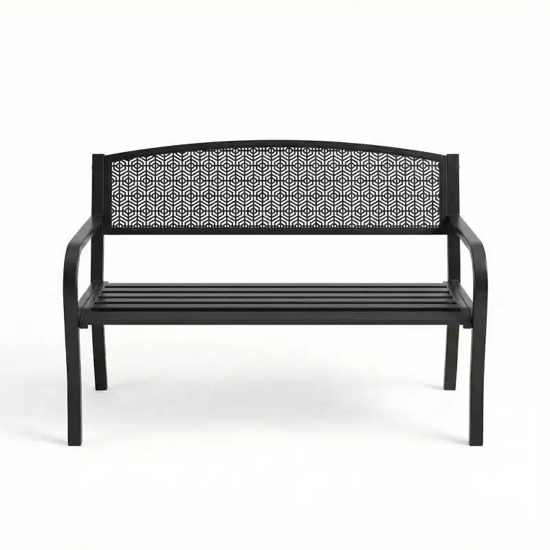Panca in metallo per esterni a 2 posti per giardino, mobile con panchine in acciaio con schienale geometrico per patio, giardino e portico