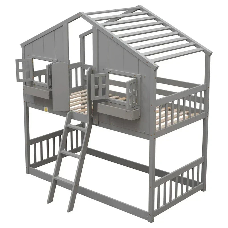 Lit superposé cabane jumeau sur jumeau avec toit, fenêtre, jardinière, porte, barrières de sécurité et échelle, gris